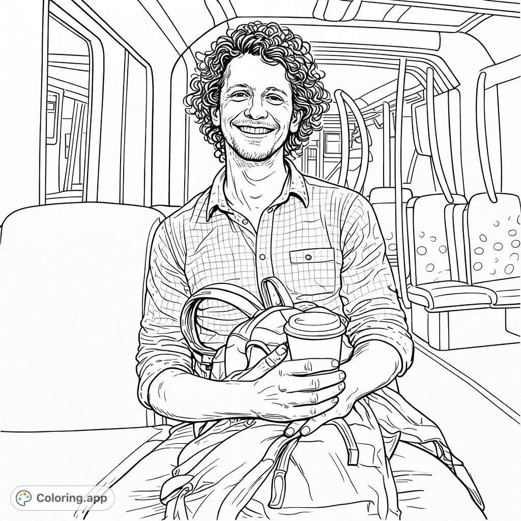 A smiling man with curly hair relaxes on a train, holding a coffee cup with a backpack. A perfect urban transit coloring page to capture an everyday moment.