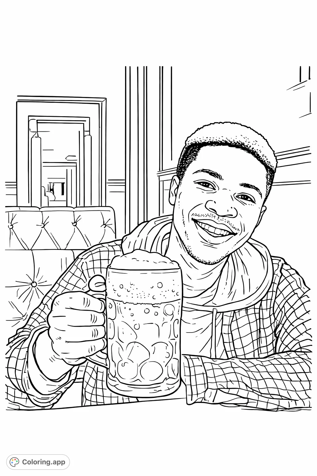 A smiling man with light-toned hair holds a frothy mug in a cozy interior setting. Enjoy coloring his plaid shirt and the textured background.