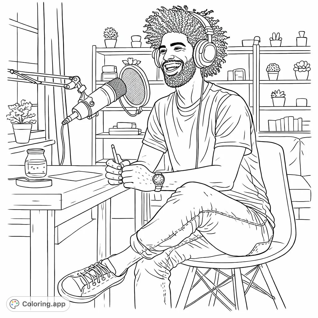 Color a smiling man with an afro and headphones at his desk with a microphone, set in a creative studio space, perfect for media enthusiasts.