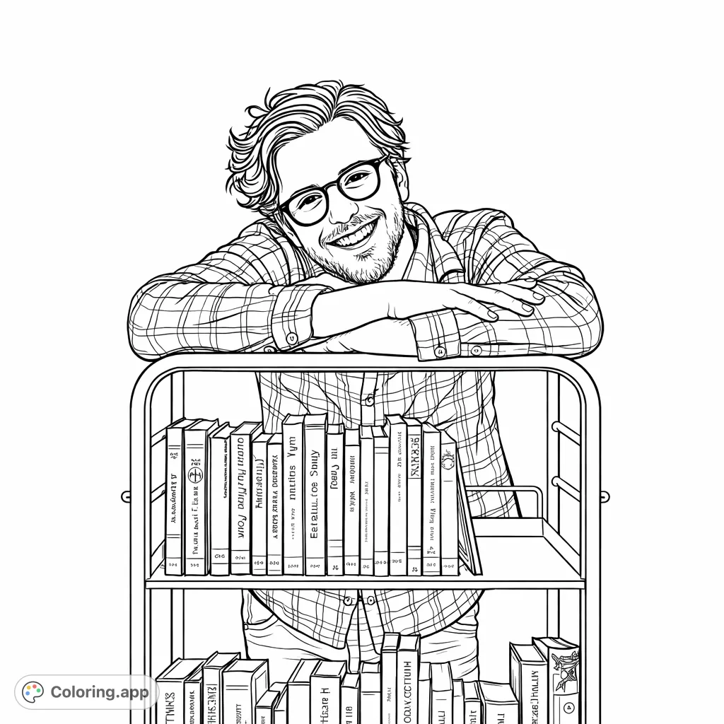 A cheerful individual in glasses leans on a book-filled cart. Perfect for book lovers to personalize with imaginative patterns and shades.