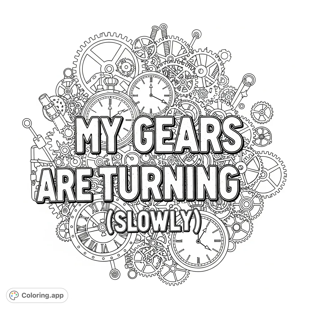 An intricate steampunk coloring page featuring a complex arrangement of gears, clocks, and the phrase "My Gears Are Turning (Slowly)". A detailed mechanical design.