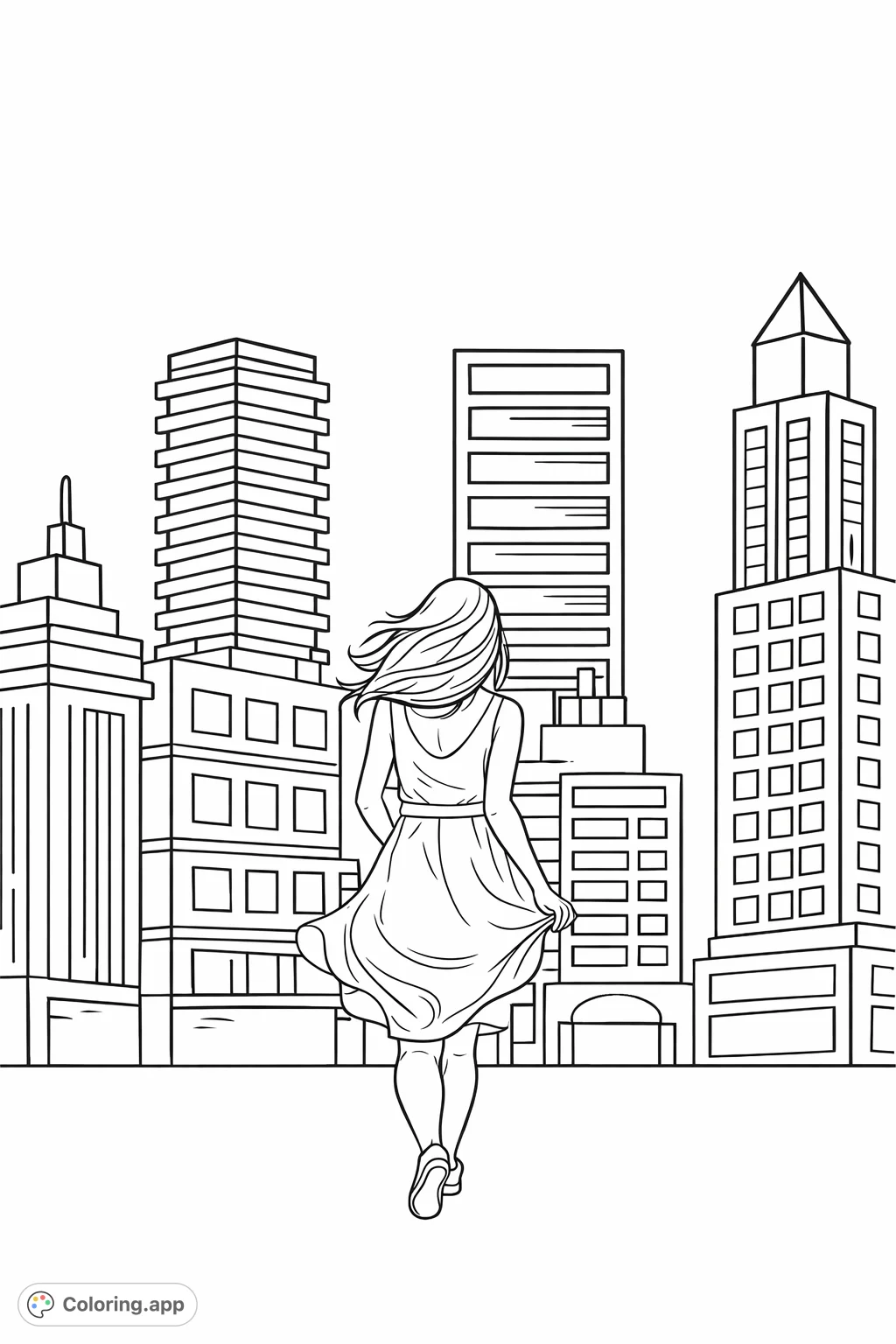 Walk through a dynamic cityscape with this urban stroll coloring page. Perfect for expressing creativity and imagining bustling city life.