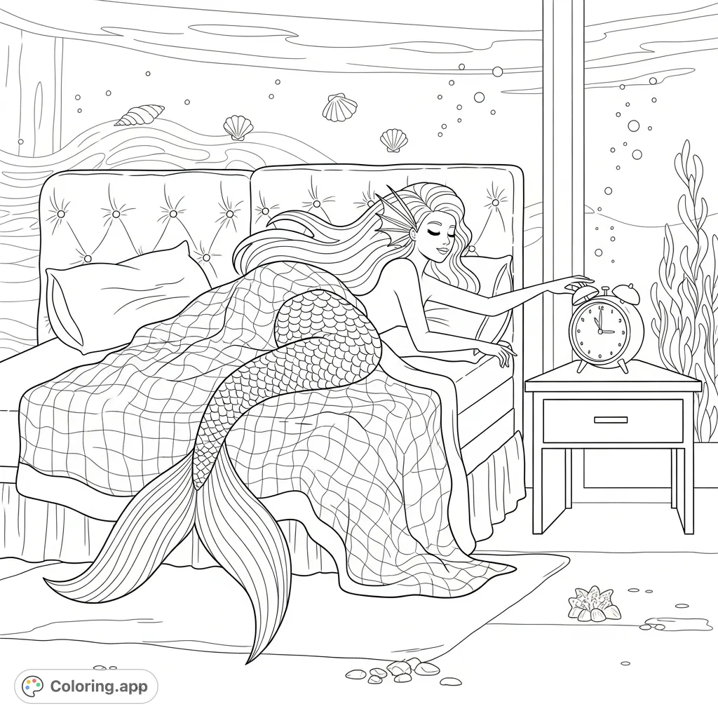 A whimsical mermaid, with a flowing tail and textured blanket, taps her alarm clock in a cozy underwater bedroom. Perfect for imaginative coloring adventures!