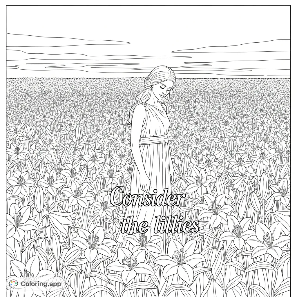 A serene woman stands in a vast field of elegant Lillies, accompanied by the reflective phrase “Consider the lillies”. A peaceful nature scene for all ages.