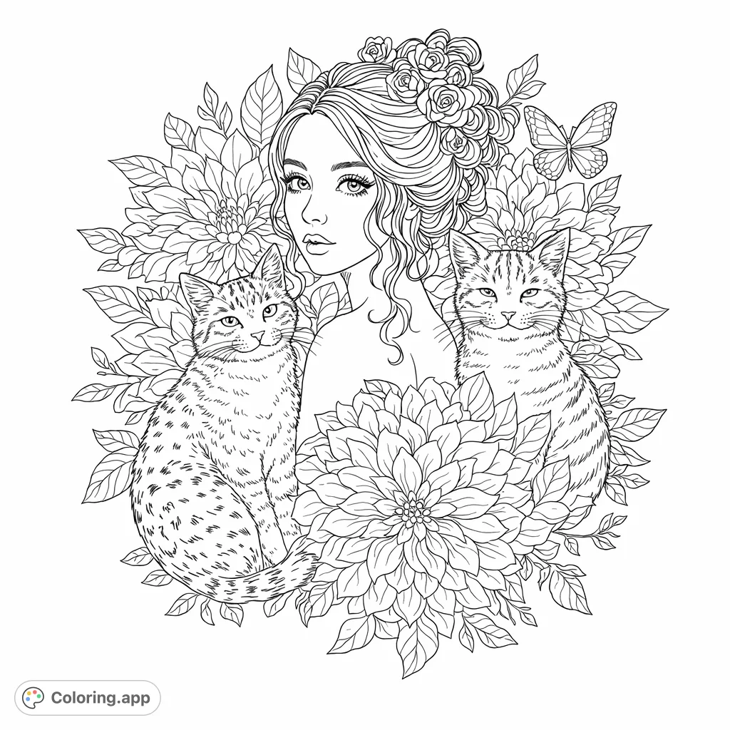 A captivating coloring page featuring a serene woman, two charming felines, and a lush botanical arrangement. Perfect for relaxation and detailed coloring.