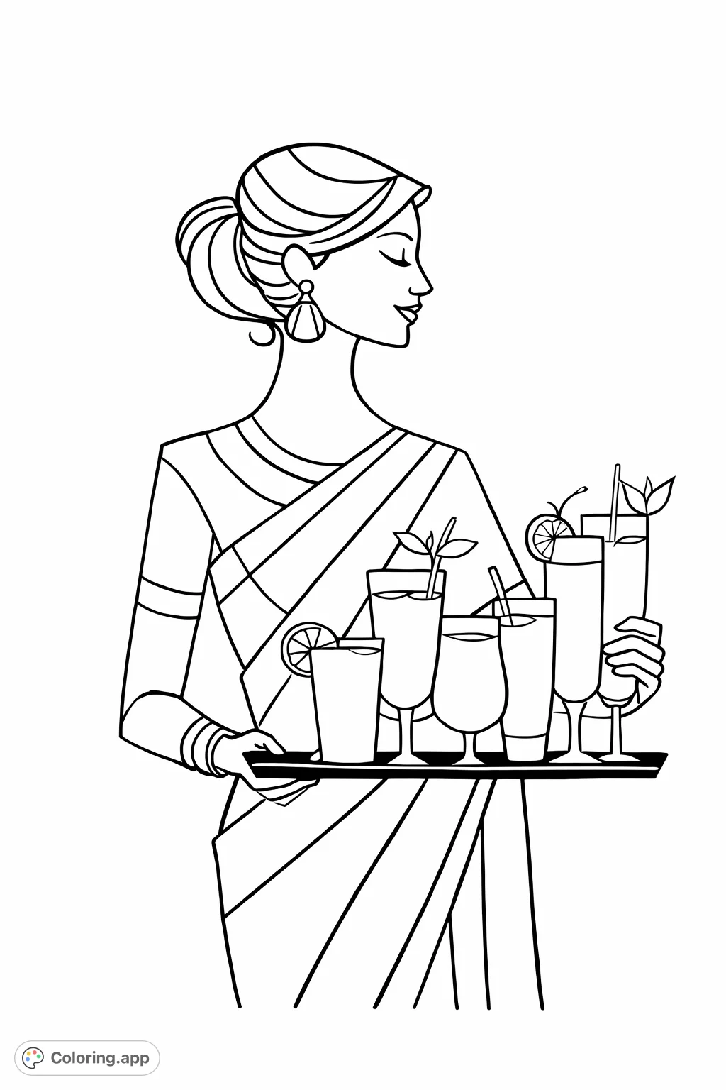 A graceful woman holds a tray of varied, garnished beverages against a backdrop of abstract geometric patterns. A delightful coloring page for art and refreshment enthusiasts.