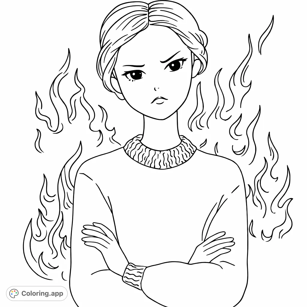Capture intense emotion with this fiery frustration coloring page. A woman with a stern expression and crossed arms is surrounded by expressive flame outlines.