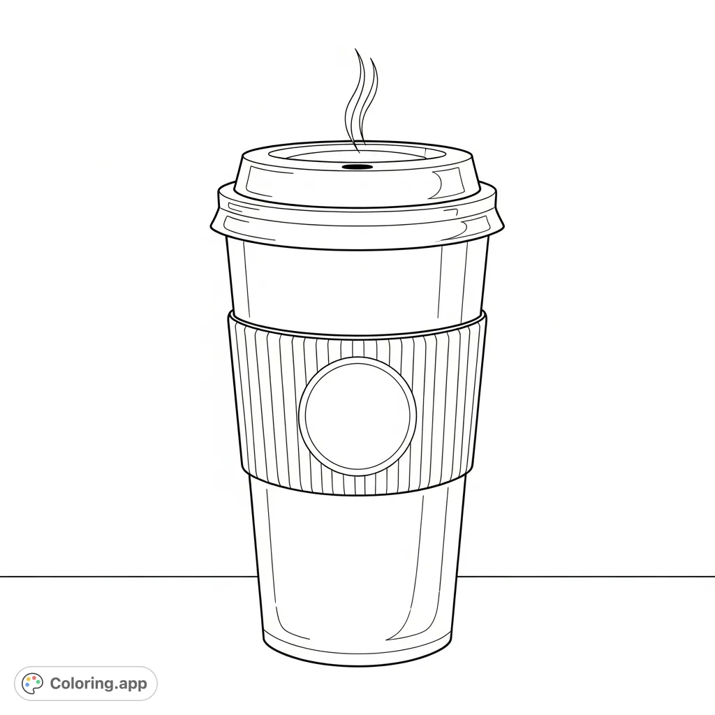 Enjoy coloring a simple latte coffee to-go cup. Features a classic shape, a domed lid, and a textured sleeve, perfect for quick and relaxing creativity.