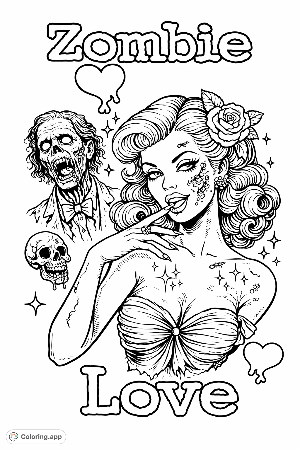 A stylish zombie pin-up with a decaying companion and skull, perfect for fans of horror and retro aesthetics. Explore intricate details!