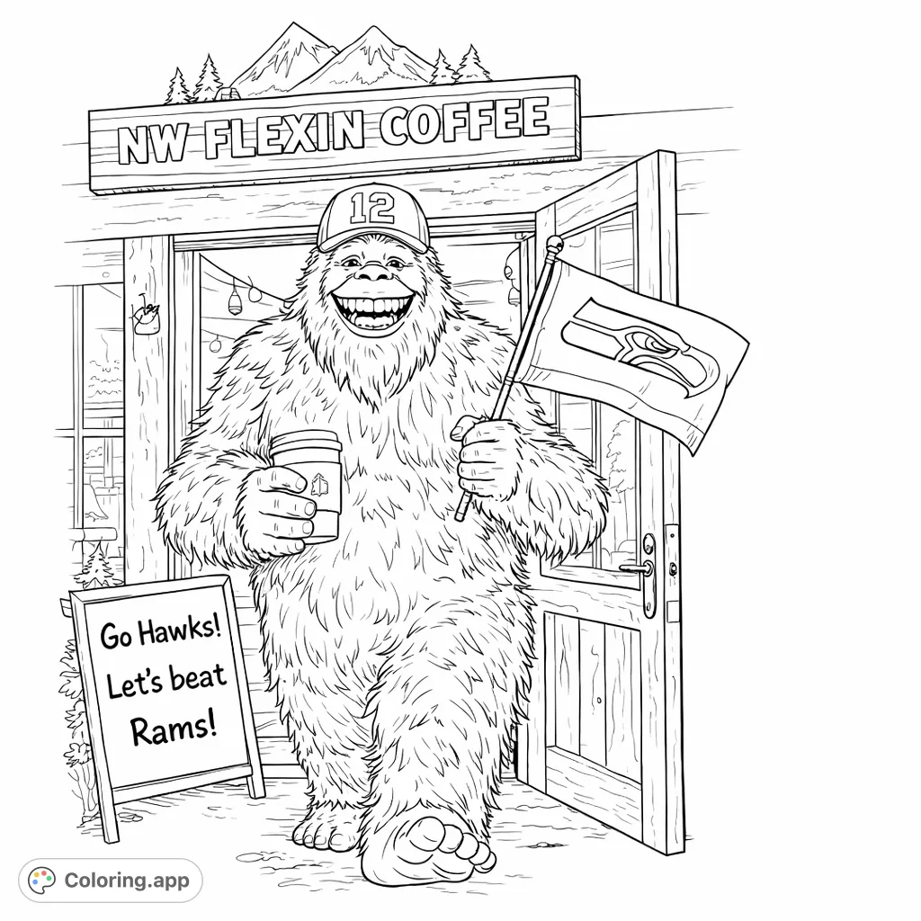 Join a cheerful Sasquatch enjoying coffee and showing team spirit outside a cozy coffee shop. This fun, detailed coloring page is perfect for fans!