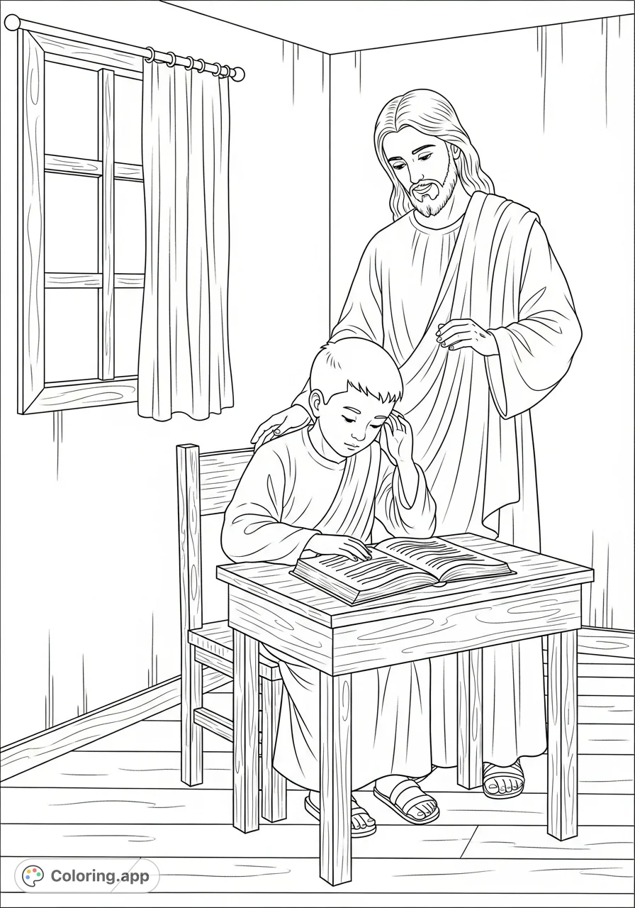 A serene Jesus gently conveys spiritual wisdom to a young Chinese boy engrossed in reading the Word of God, offering peaceful contemplation.