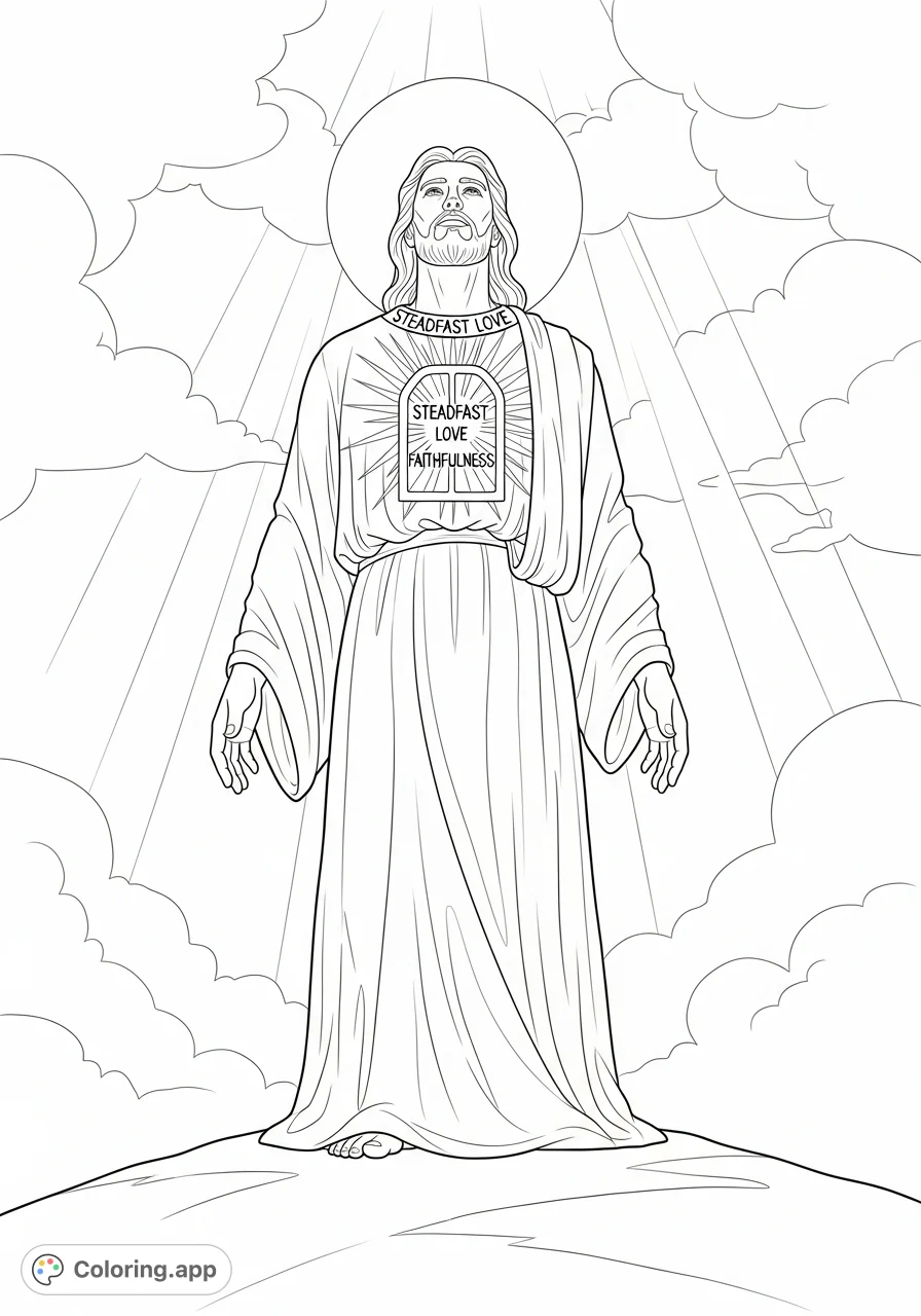 A majestic, towering man stands uplifted, gazing at the heavens, with declarations of "steadfast love" and "faithfulness" on his neckband and a pulsing tablet in his chest.