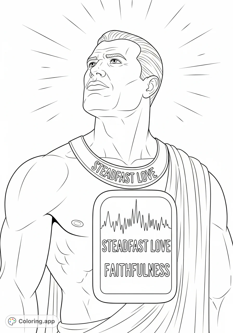 Discover a spiritual theme coloring page featuring a man embodying steadfast love and faithfulness, with inscribed text, perfect for reflection.