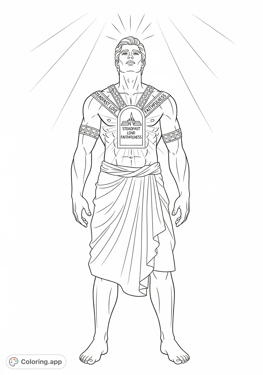 A powerful man with an inner glow and symbolic text "steadfast love" and "faithfulness" on a neckband and glowing chest tablet, inspiring focus.