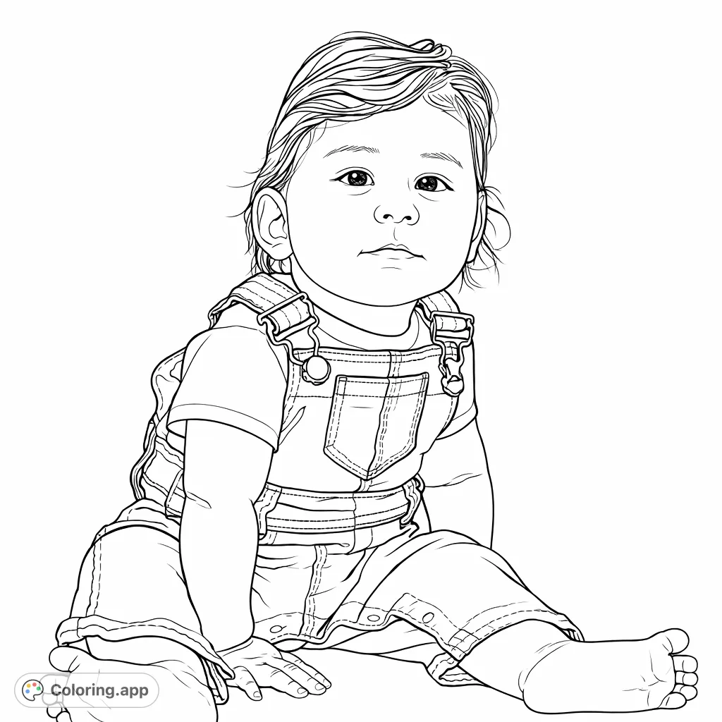 Capture the charm of a sweet toddler in classic overalls. This adorable baby coloring page features a simple design, perfect for young artists to personalize.