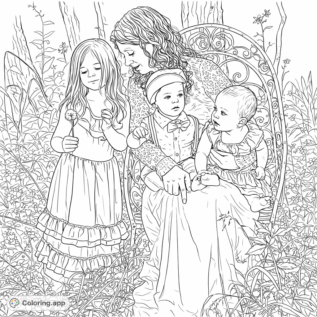 A heartwarming family scene featuring a mother with her three young children amidst a serene woodland setting, complete with an ornate garden chair and lush foliage.