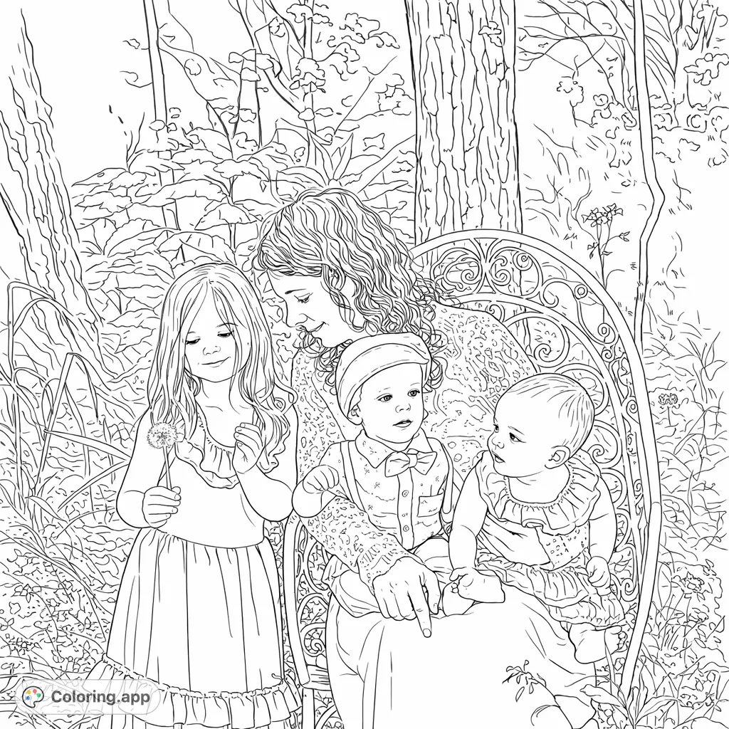A heartwarming woodland family portrait featuring a mother with her three young children amidst lush nature. Ideal for serene and joyful coloring.