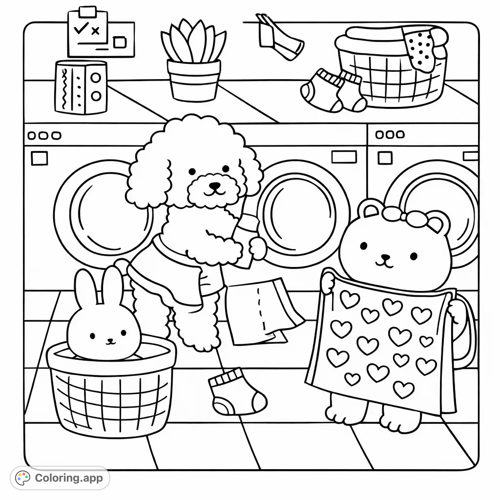 Join a fluffy dog and a cheerful bear on laundry day! This cute laundry day coloring page features washing machines, baskets, and lovable characters making chores fun.
