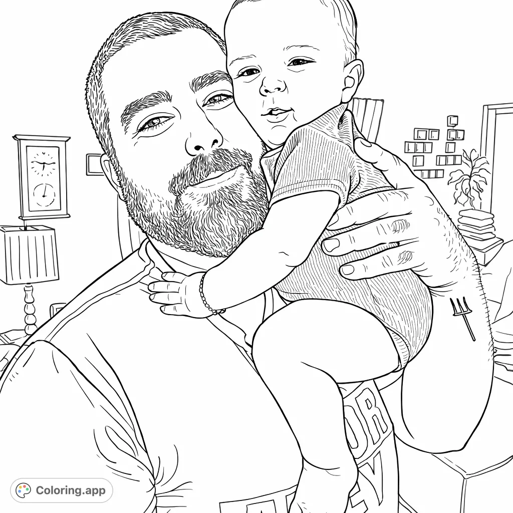 A heartwarming family coloring page featuring a man lovingly holding a baby, capturing a tender moment of connection. Perfect for all ages.