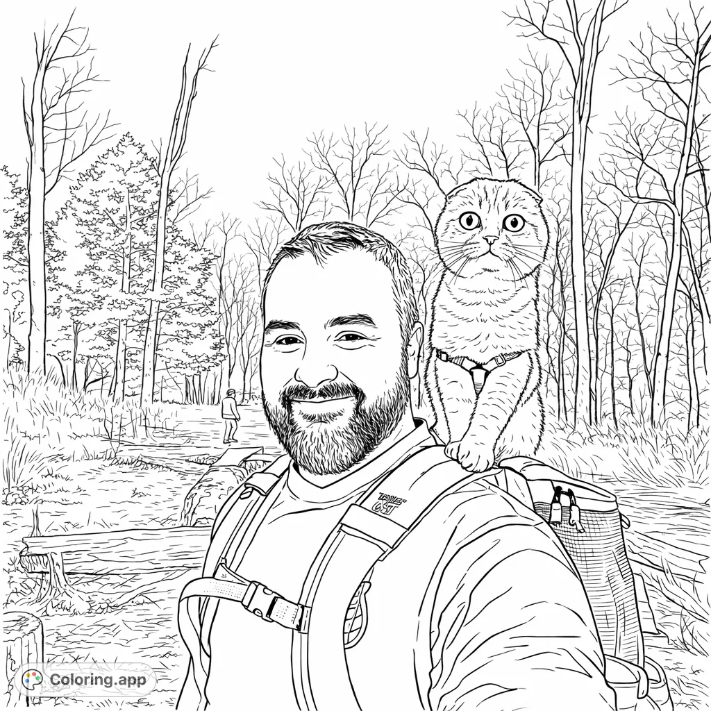 An engaging hiking adventure featuring a man and his unique cat companion, perfect for nature and animal lovers seeking a detailed coloring challenge.