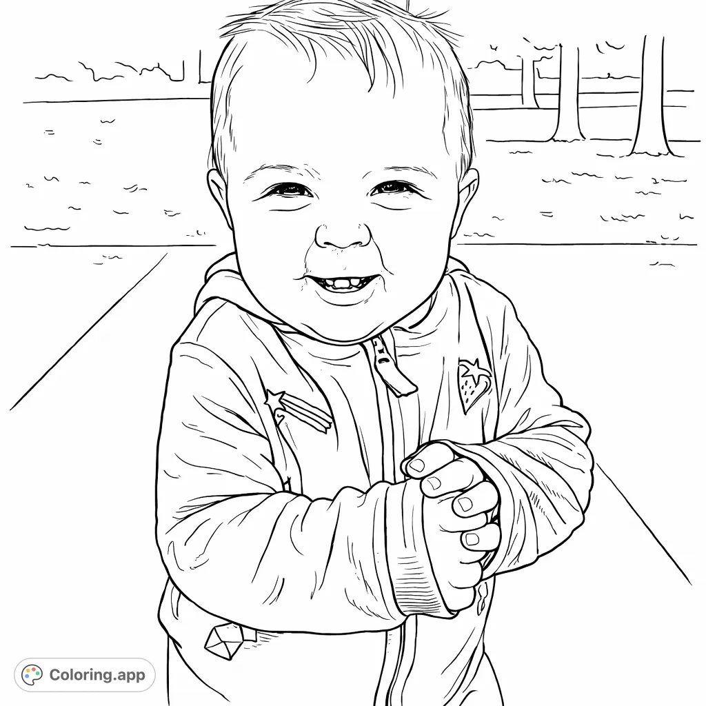 Capture the pure joy of a happy toddler with clasped hands, wearing a cozy hooded jacket, set in a gentle outdoor scene. A heartwarming free printable.