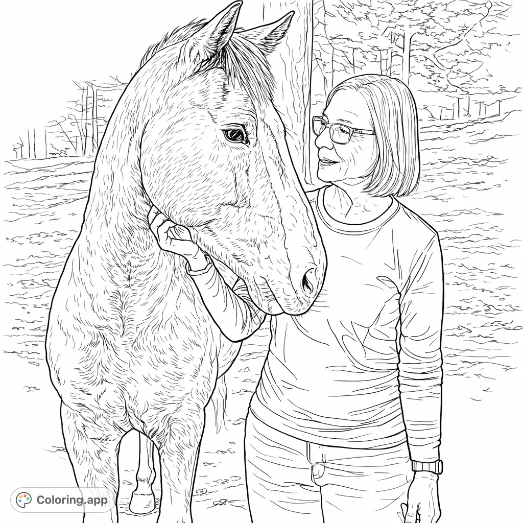 Capture a tender equestrian bond with this coloring page, featuring a woman gently interacting with a horse in a serene outdoor setting.