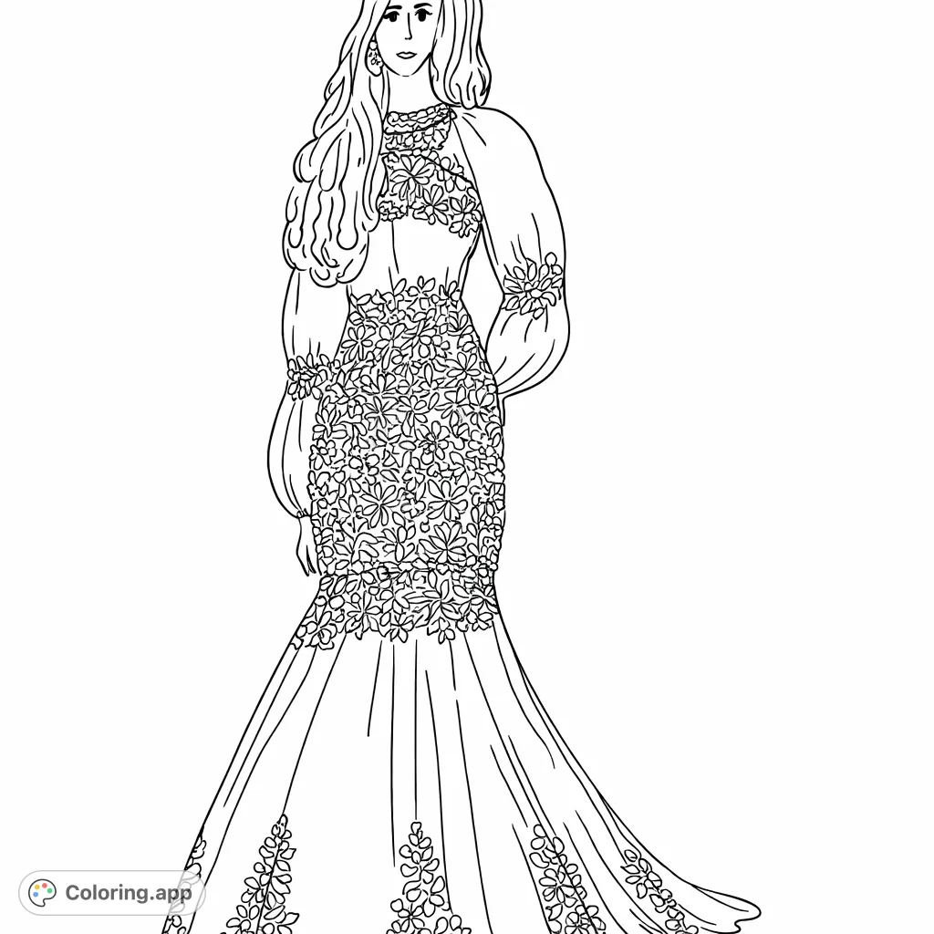 An elegant fashion illustration of a woman in a floor-length gown with puffed sleeves and intricate floral lace and decorative patterns, perfect for detailed coloring.