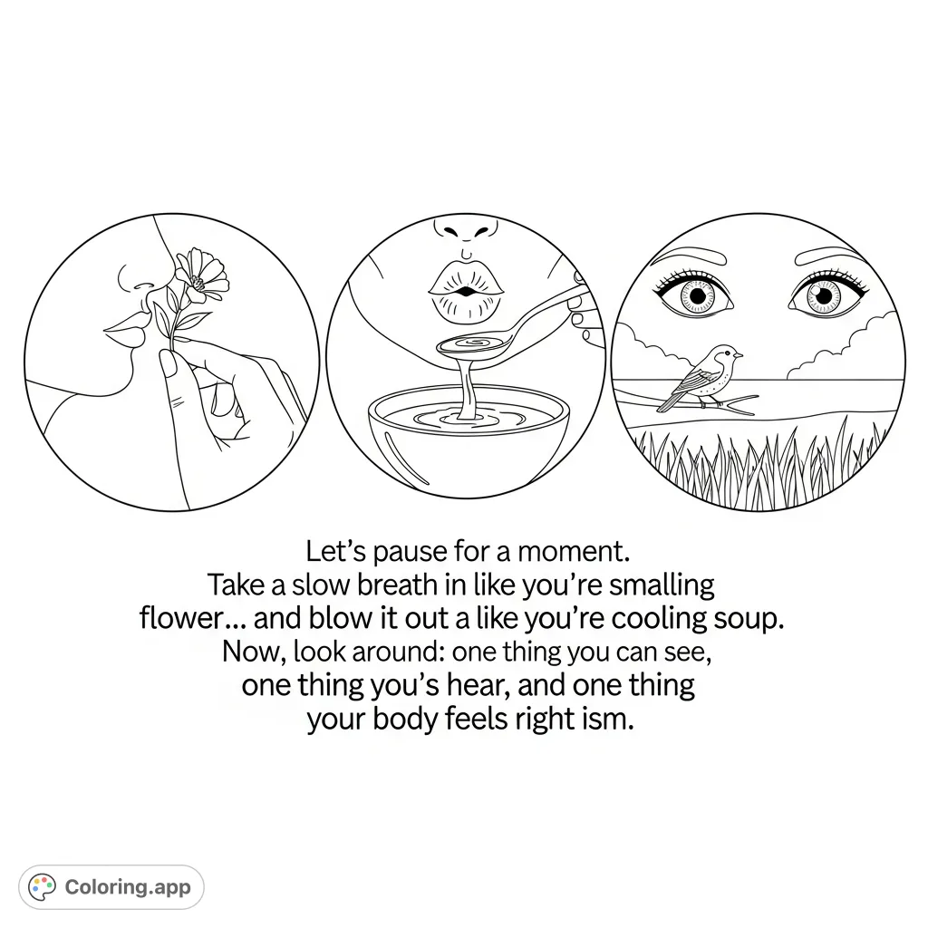 A calming triptych captures sensory moments—smelling a flower, cooling soup, observing nature—with guided text for a soothing mindfulness exercise.
