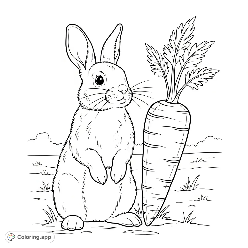An adorable rabbit with alert, upright ears stands beside a fresh, leafy carrot in a serene field. A delightful rabbit coloring page for all ages.