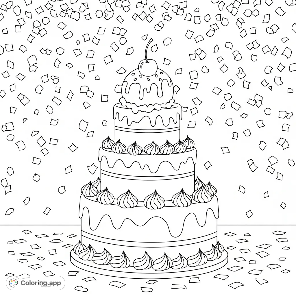 A delightful birthday cake adorned with a scoop of ice cream and falling confetti, perfect for a festive coloring experience for all ages.
