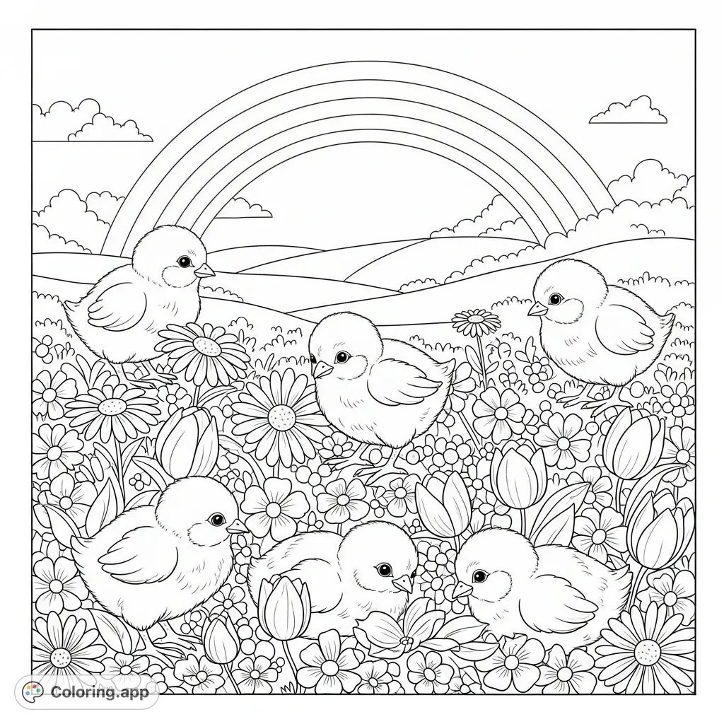 A delightful Easter coloring page with fluffy chicks, blooming flowers, and a beautiful rainbow. Perfect for joyful spring creativity.