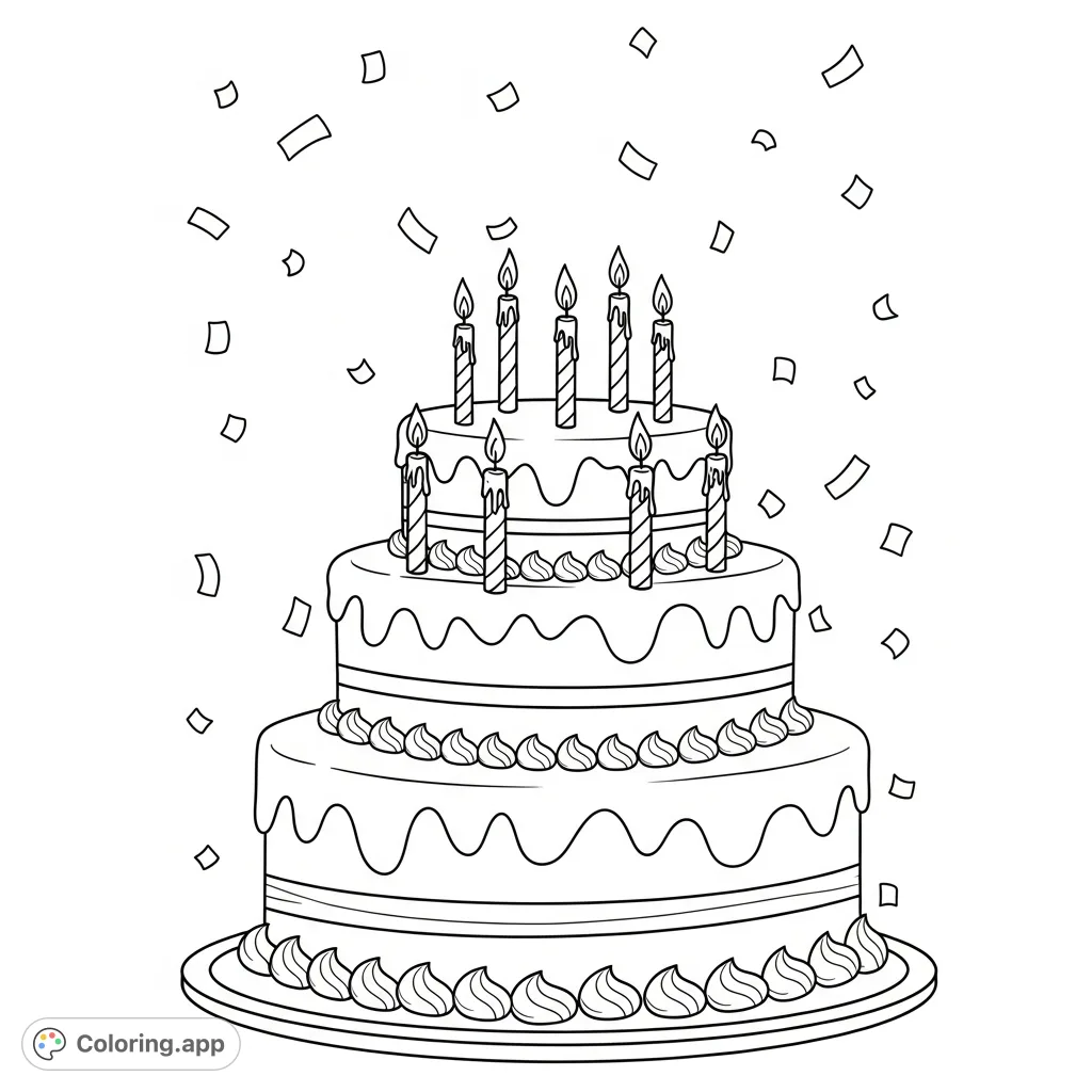 Celebrate with this festive birthday cake coloring page! Featuring a delicious multi-layered cake adorned with candles and falling confetti, it's perfect for joyful coloring.