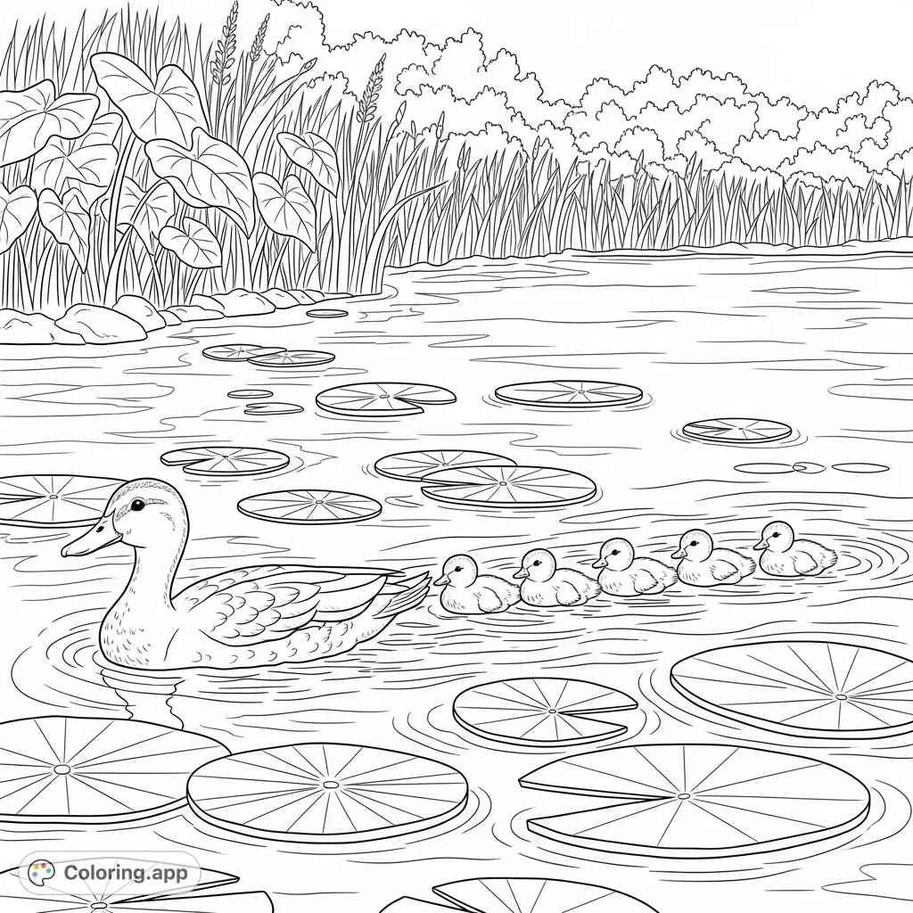 A charming river scene featuring a mother duck swimming with her adorable ducklings among lily pads, surrounded by lush riverbank vegetation.
