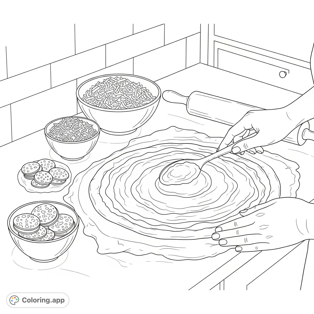 An engaging pepperoni pizza making scene on a kitchen counter, perfect for aspiring chefs. Features dough, sauce, cheese, pepperoni, and busy hands.