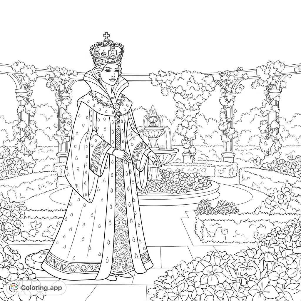 A majestic queen in flowing royal robes and crown, standing in a serene, blossoming garden. This elegant scene is perfect for those who enjoy regal and floral designs.