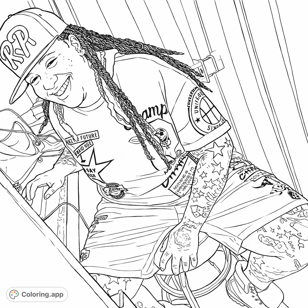 A detailed coloring page featuring a smiling individual in trendy attire, complete with unique patterns and intricate tattoos. Perfect for expressive coloring.