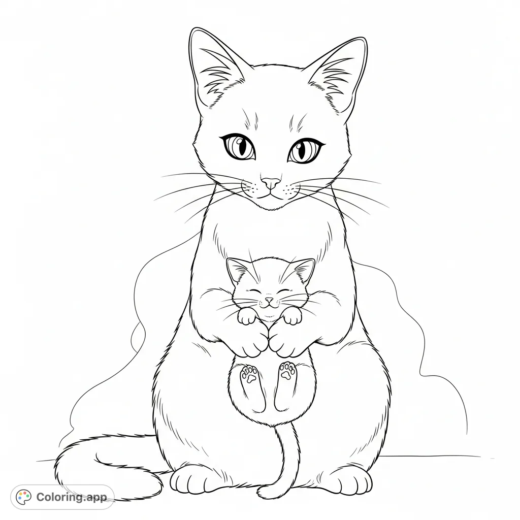 A heartwarming anime cat coloring page featuring a gentle parent cat lovingly holding its tiny kitten. Perfect for cat lovers and anime fans, offering a sweet scene to personalize.