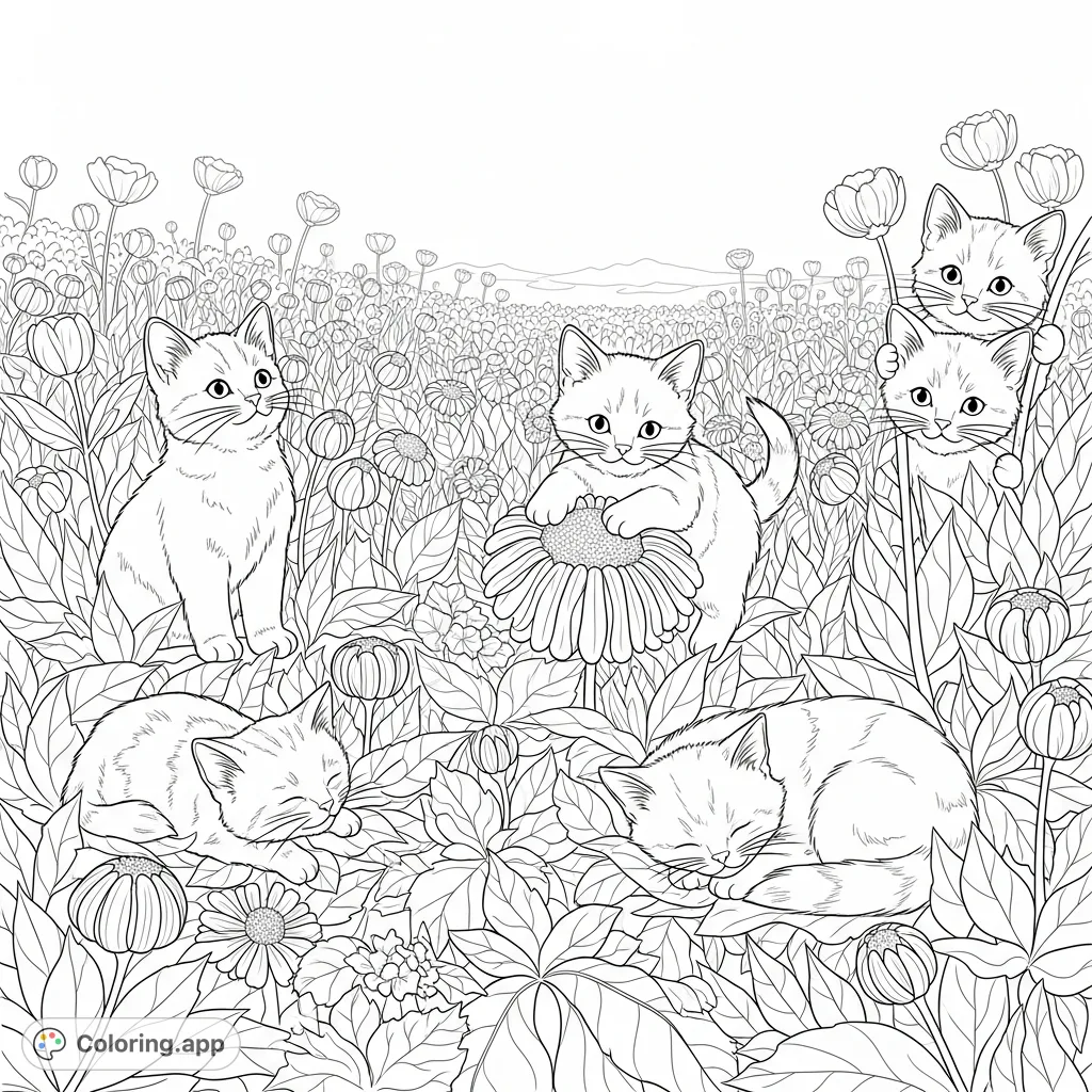 Discover five charming kittens exploring a vibrant flower field, perfect for a delightful coloring adventure. A free printable kitty coloring page.