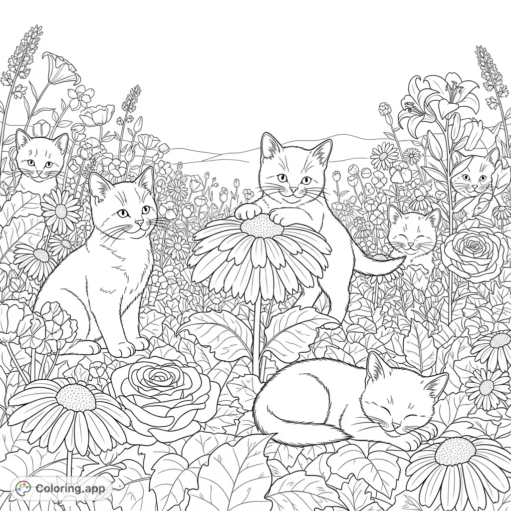 Discover five adorable kittens playing and napping amidst a vibrant field of daisies, roses, and lilies. A delightful scene for animal and flower lovers.