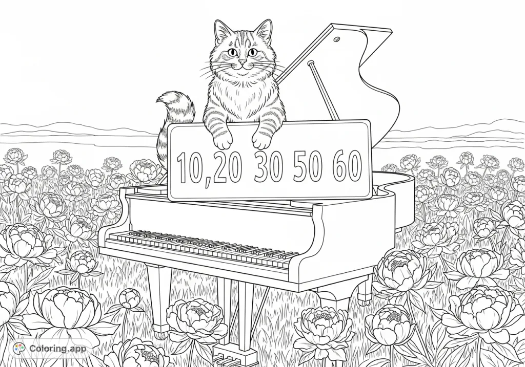 A charming tabby cat sits on a grand piano in a field of peonies, holding a sign with large numbers, perfect for a delightful children's coloring page.