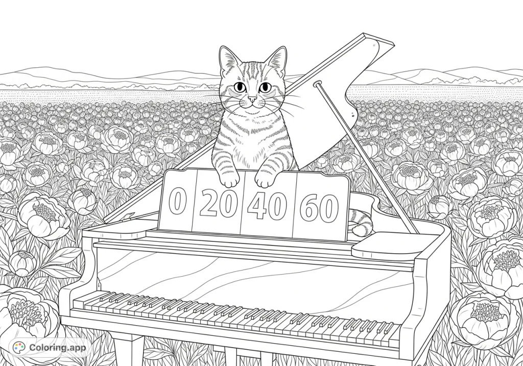 A charming tabby cat plays a grand piano amidst a field of blooming peonies, holding a numbered sign. A delightful scene for creative coloring fun!