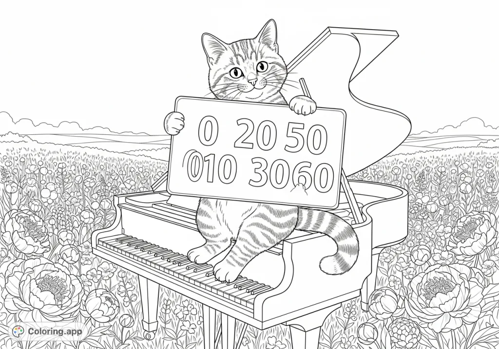 A cute tabby cat sits on a grand piano amidst a field of peonies, holding a sign with numbers 0-60. A delightful and educational scene for young colorists!