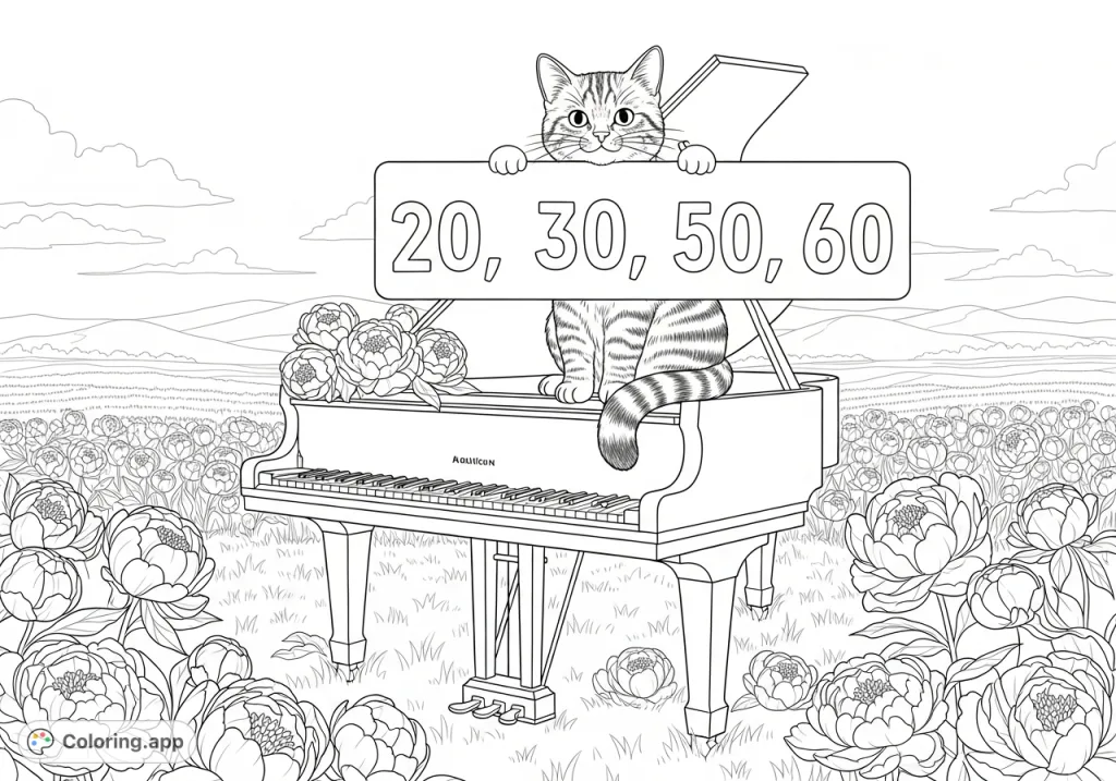 A charming tabby cat plays on a grand piano amidst a field of peonies, holding a sign with "20, 30, 40, 50, 60" for a delightful learning experience.
