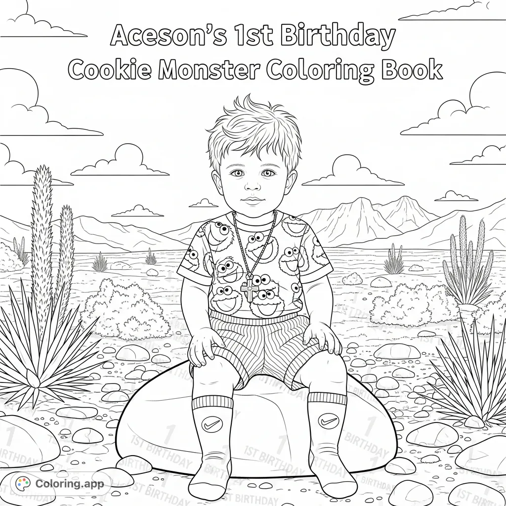 A young child with a monster-themed shirt sits on a large rock amidst desert plants and mountains, ready for an outdoor adventure coloring page.