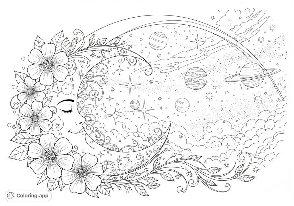 Explore a detailed cosmic panorama with a crescent moon, swirling vines, starbursts, intricate flowers, distant planets, and a grand arching form. A celestial coloring adventure!