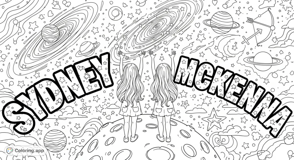 A delightful cosmic twin girls coloring page featuring two girls on a planet, tossing stars into a swirling galaxy with names 'SYDNEY' and 'MCKENNA' for a personalized adventure.