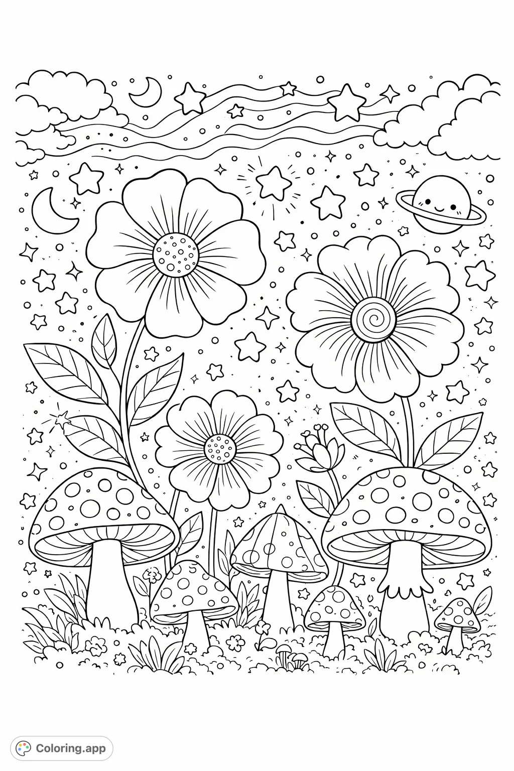 Dive into a whimsical garden featuring large kawaii flowers, playful spotted mushrooms, and celestial stars. A delightful, detailed scene for creative coloring.