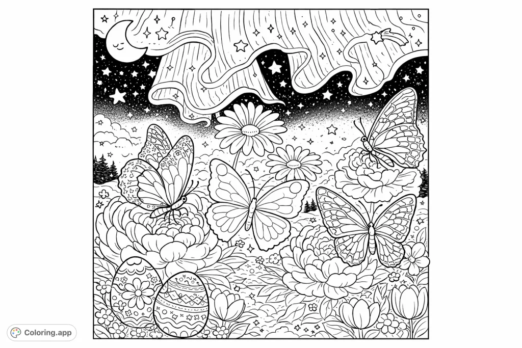A magical butterfly and flower coloring page with charming kawaii aesthetics. Explore a whimsical garden under a cosmic aurora. Free printable for kids!