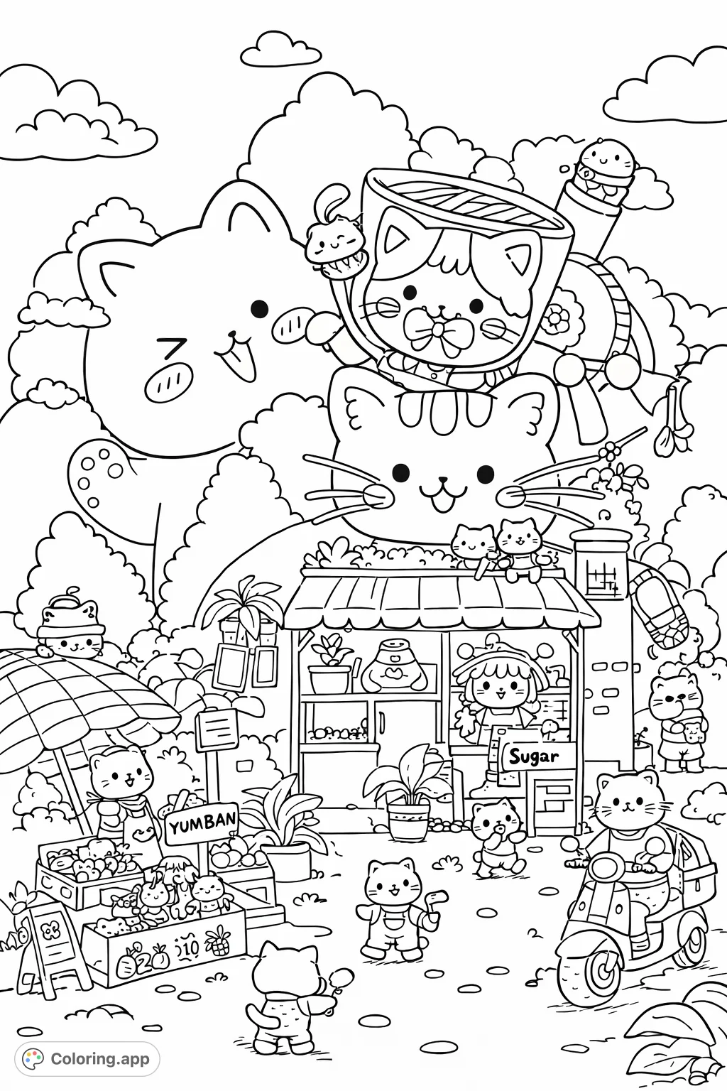 Dive into a whimsical world of adorable cat characters enjoying a lively village market. Full of charm and playful details, perfect for all ages.