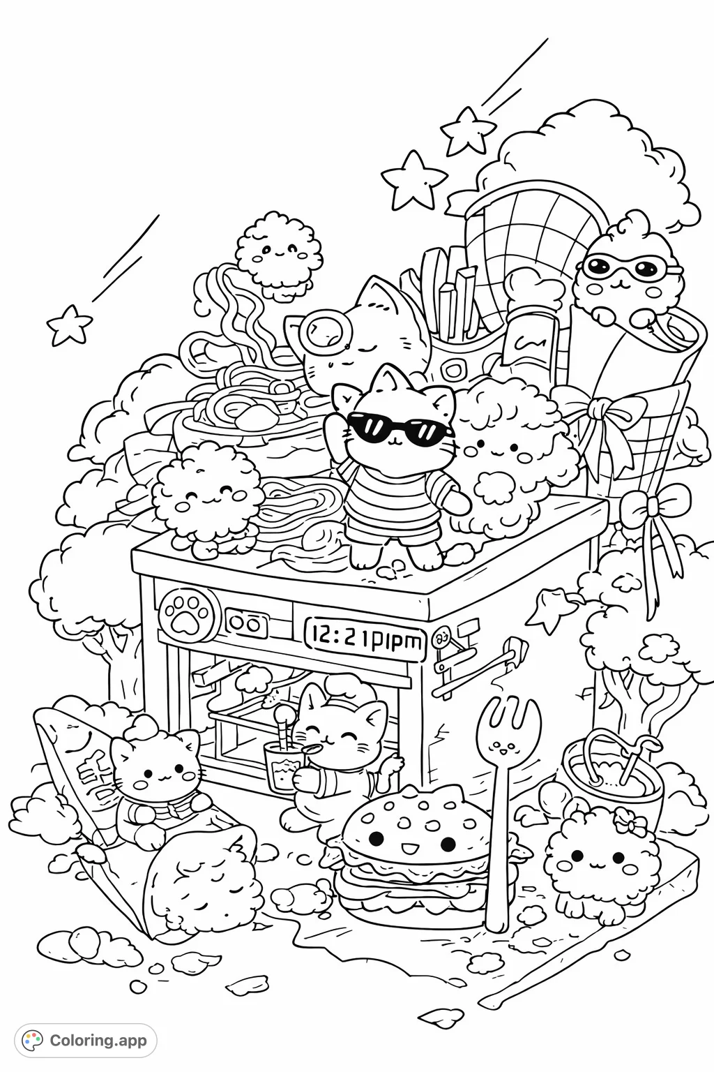 Dive into a super cute kawaii food coloring page! Adorable cats and fluffy friends explore a whimsical feast of burgers, broccoli, and sweet treats.
